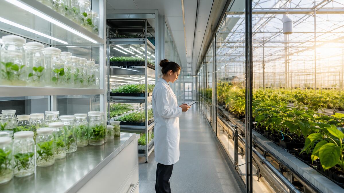 Couloir de laboratoire de micropropagation attenant à la serre de sevrage