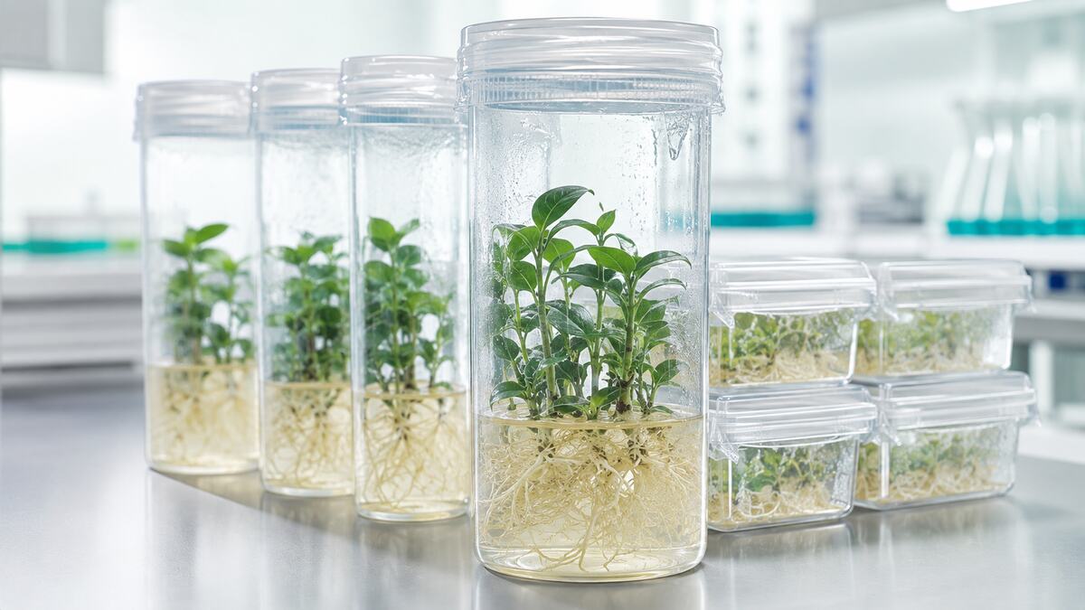 Flacons de plantules en culture in vitro, système racinaire visible